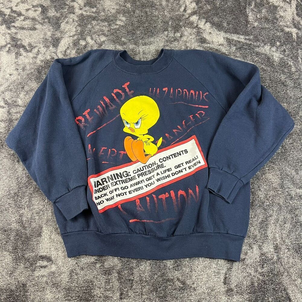 Vtg Looney Tunes Large Tweety Bird Danger Caution Crewneck Sweatshirt XL USA